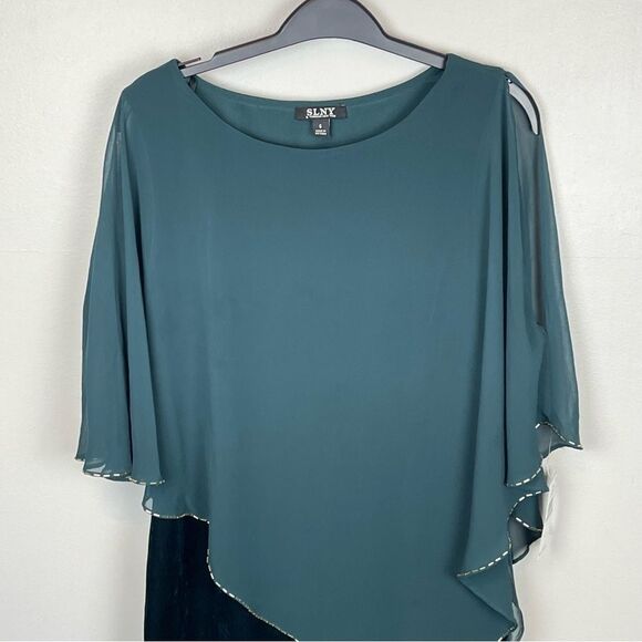 SLNY Velvet Chiffon Embellished Cocktail Midi Dress Green NWT 6 - Picture 4 of 8